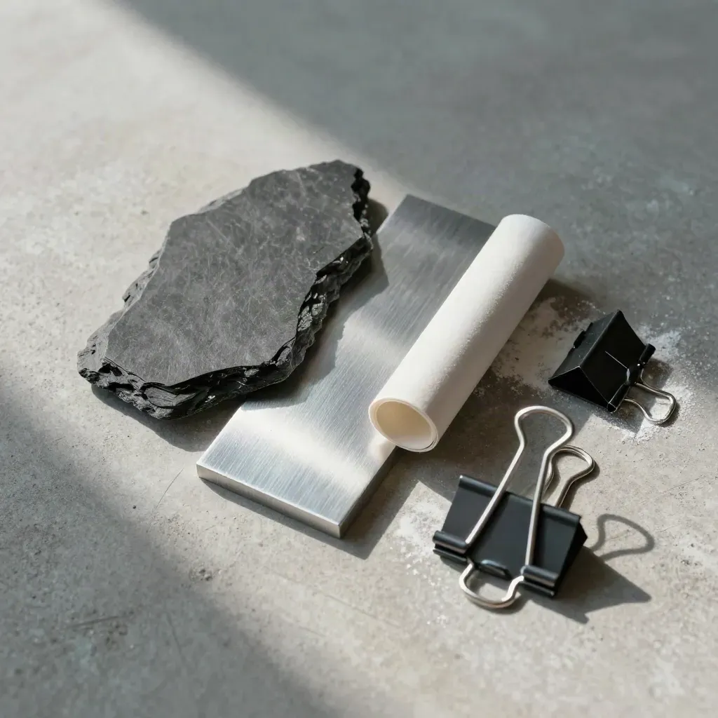 Architect’s sample grid on pale concrete: slate, aluminium, tracing tube and graphite clips.