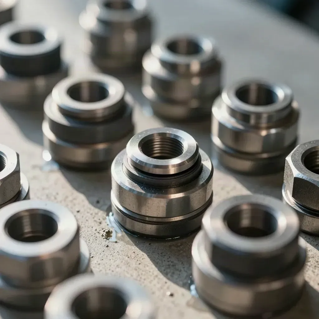 Machined aluminium couplings and fasteners on oiled concrete, lit by raking daylight.