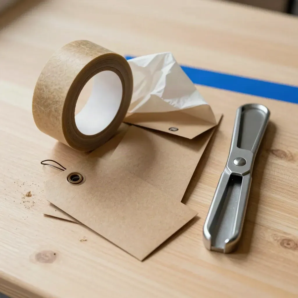 Top-down flatlay of packing tape, tissue wrap, shipping tags and a cutter on pale wood.