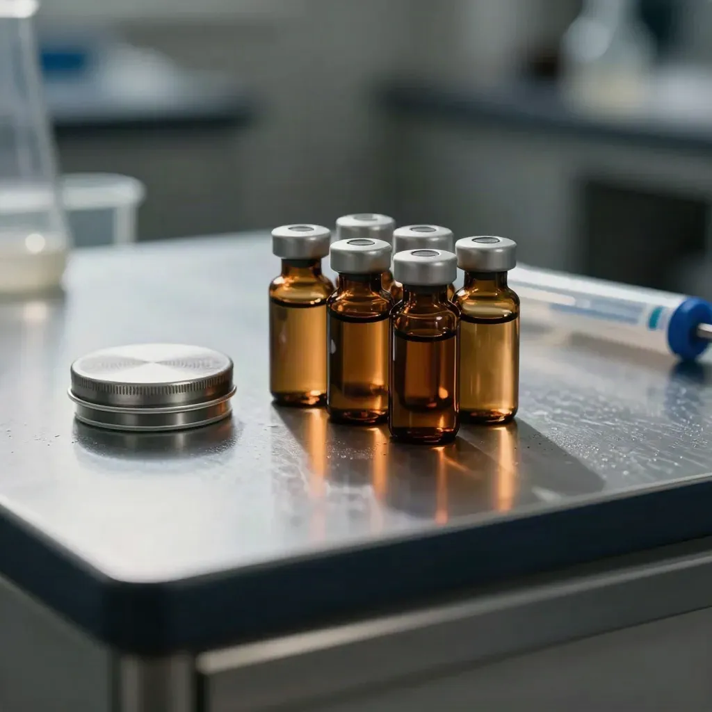 Amber vials, steel lid, and sealed tip box on brushed metal in a dim lab still life.