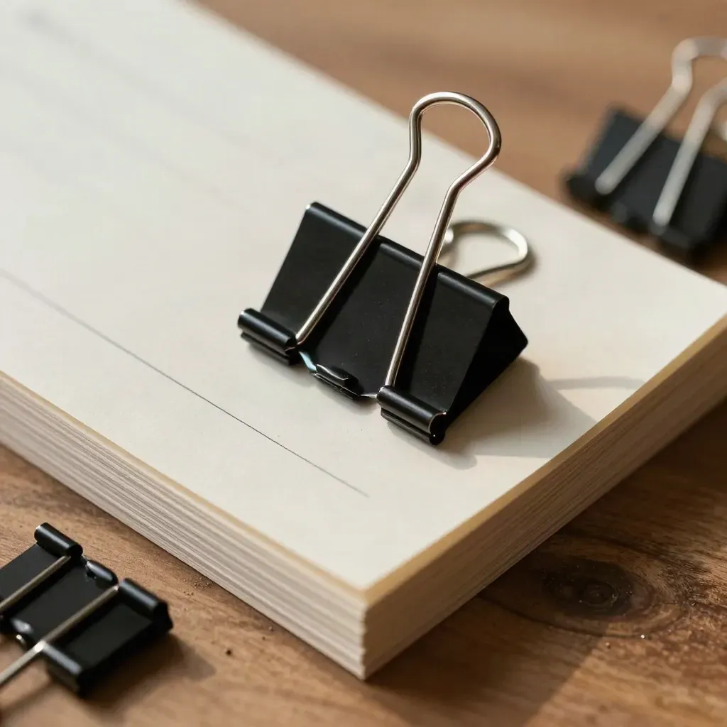 Binder clip clamped over task cards on warm walnut wood, with two spare clips beside it.