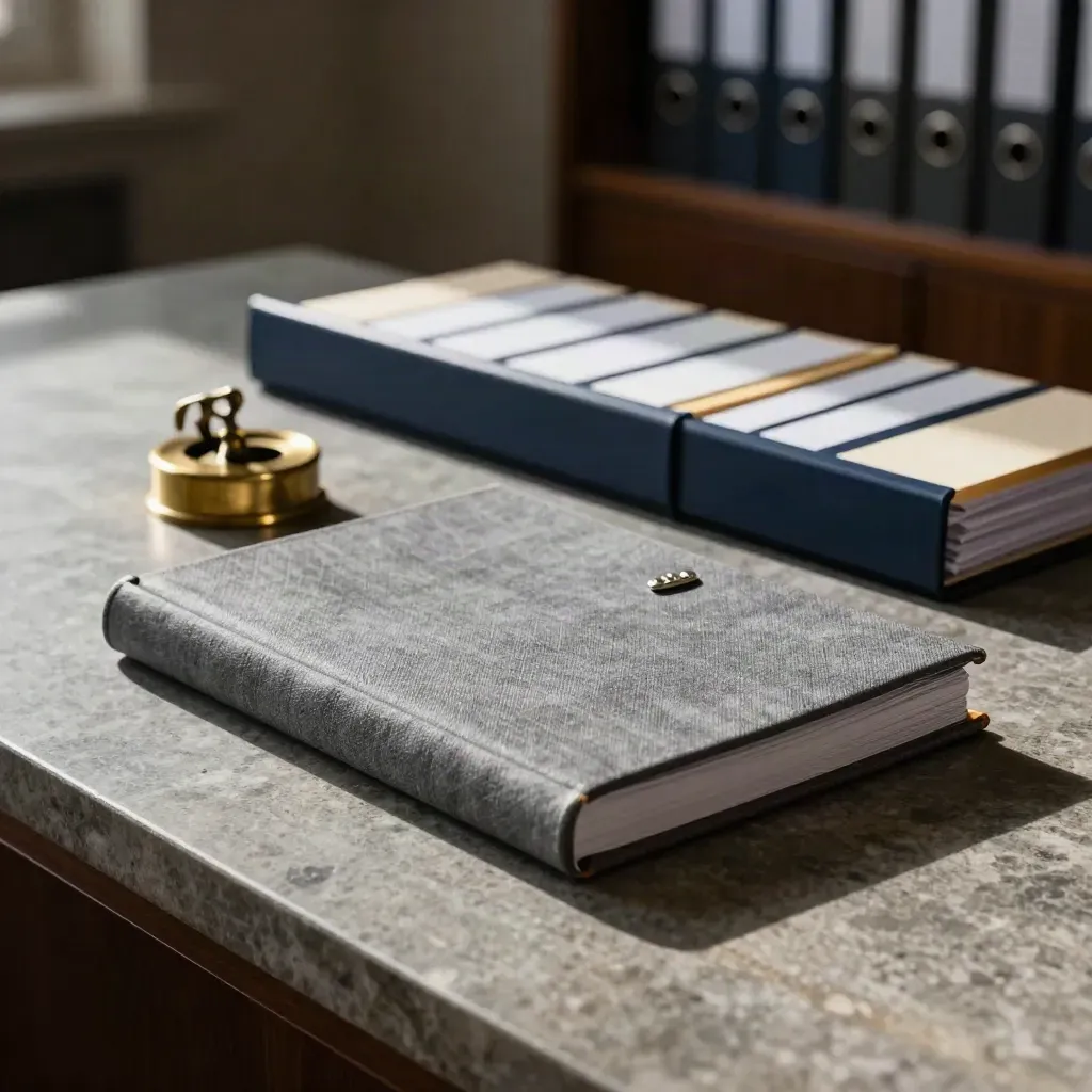 Grey ledger, brass paperweight and file dividers on stone in a dramatic legal-office still life