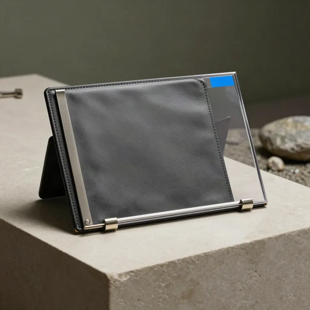 Half-open client folio with metal dividers on pale stone, lit dramatically