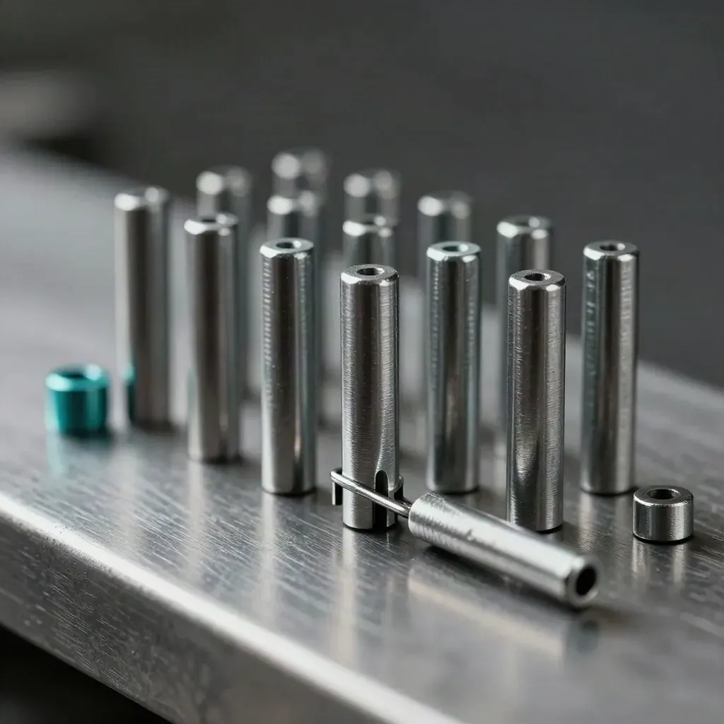 Brushed steel project pegs and a rail clip on metal with a teal accent.