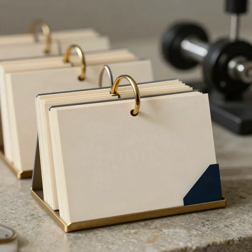 Brass contact file wheel with blank cards on stone, softly lit and detailed