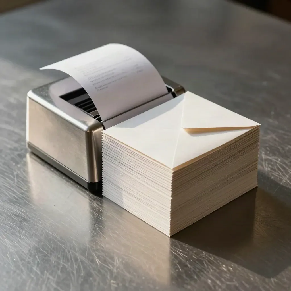 Carbon-copy receipt books, steel paperweight and folded envelope on brushed metal in dramatic studio light.
