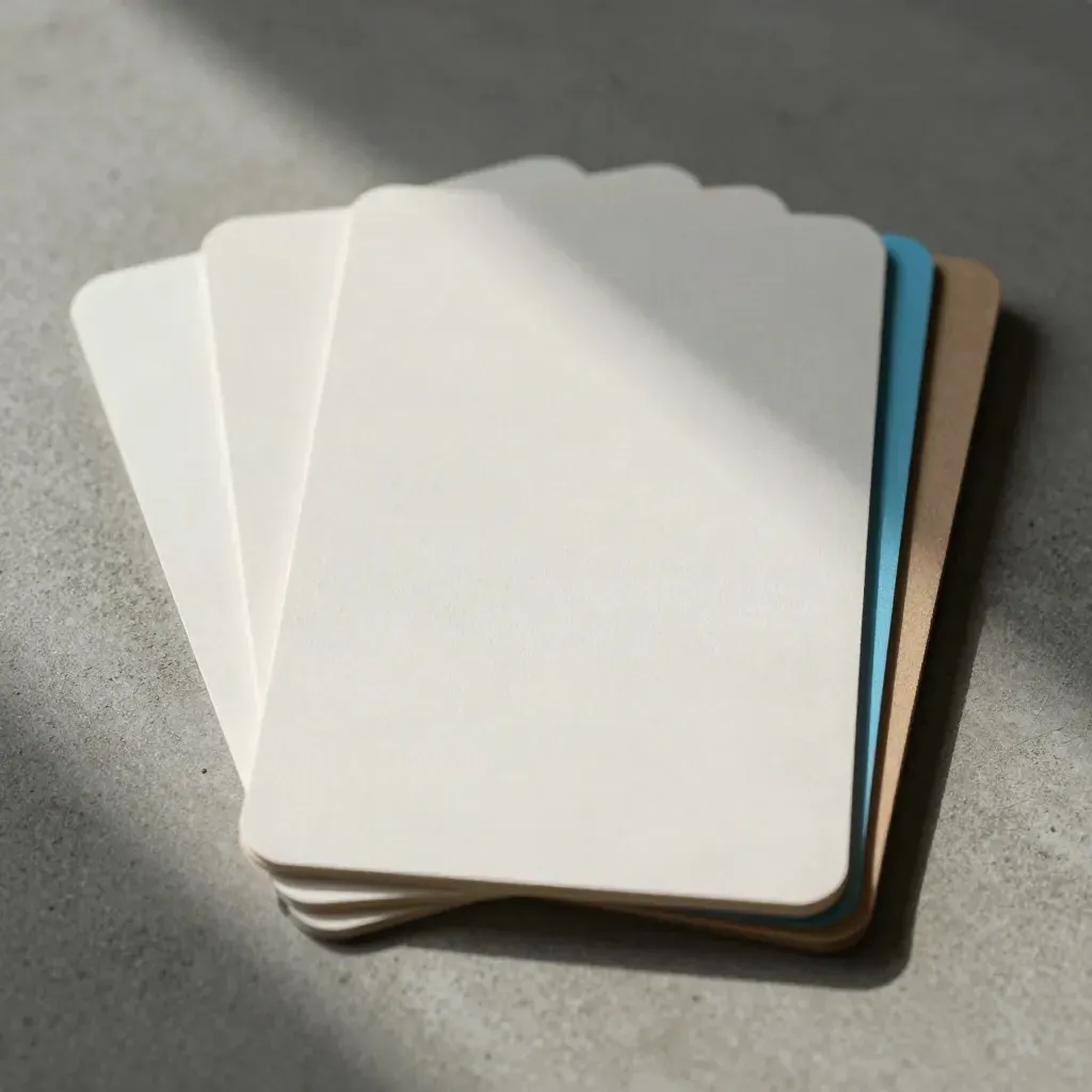 Divider cards fanned beside a sealed welcome-kit box insert on concrete, lit from upper left.