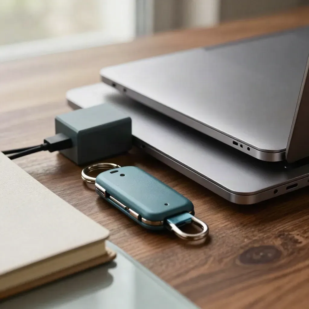 Closed laptop, charger brick, key fob and pocket notebook on walnut, seen through frosted glass.