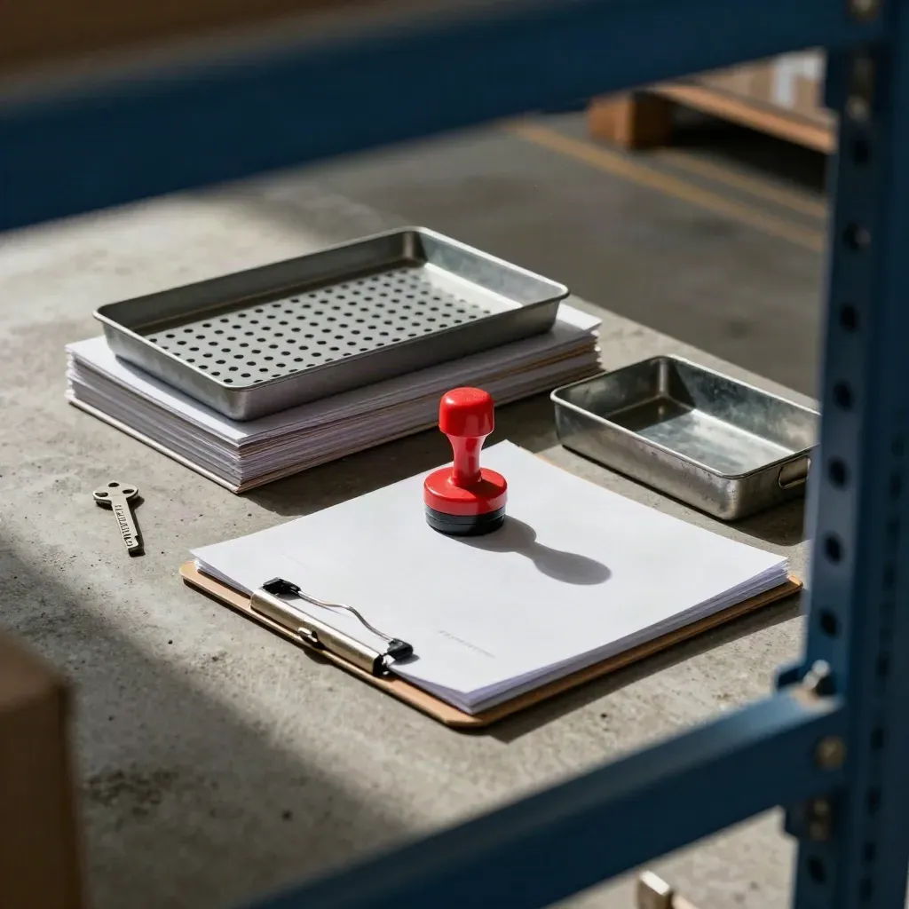 Ops manager tools on concrete: punch-card tray, clipboards, action stamp, steel inbox tray.
