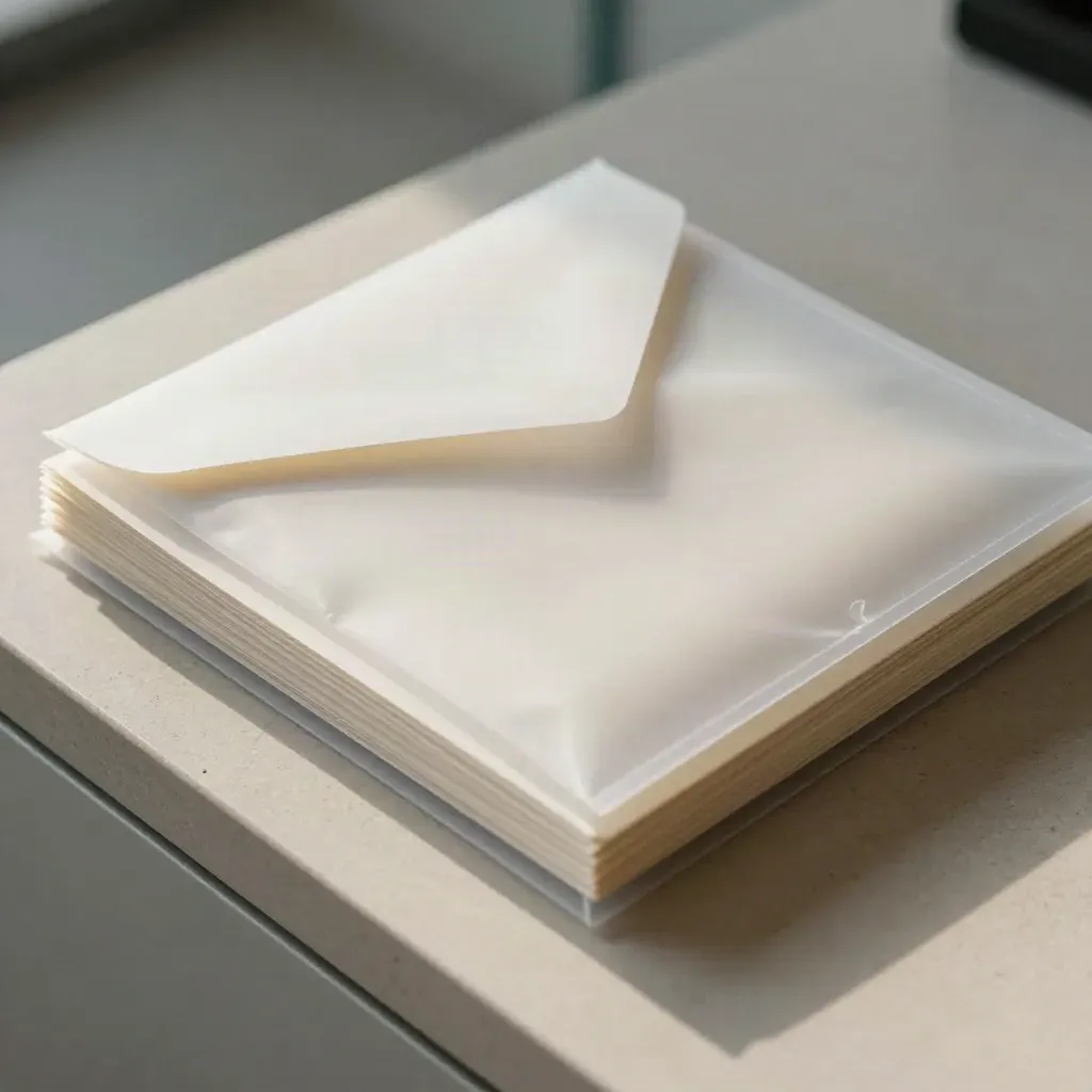 Frosted acetate document wallet, sealed pouch, and file sleeves on pale stone behind blurred glass.