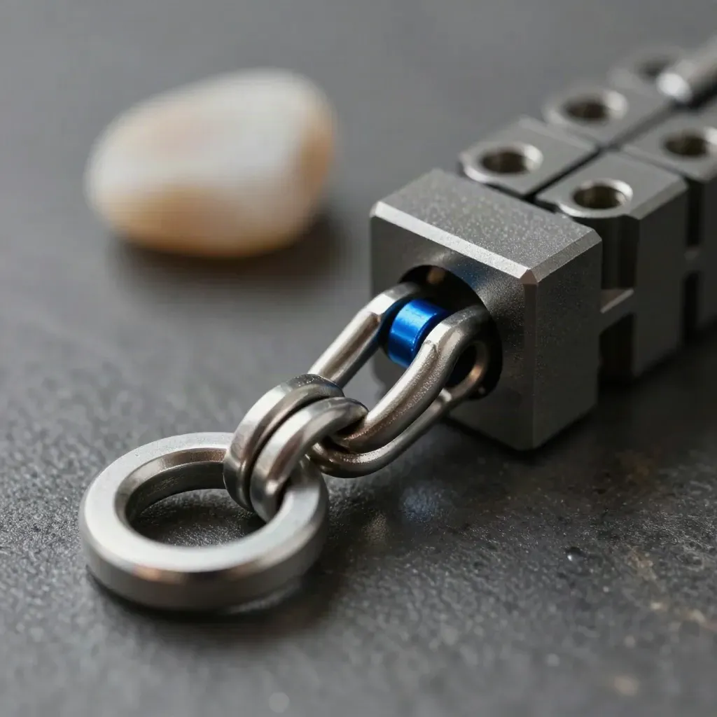 Diagonal linked aluminium rings with pins and blocks on graphite, tiny electric-blue accent.