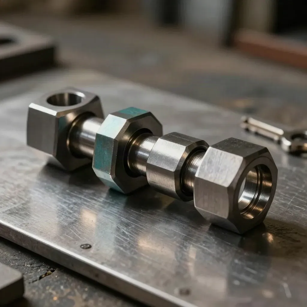Machined socket couplers and hex collars locked in a compact bridge on brushed steel.