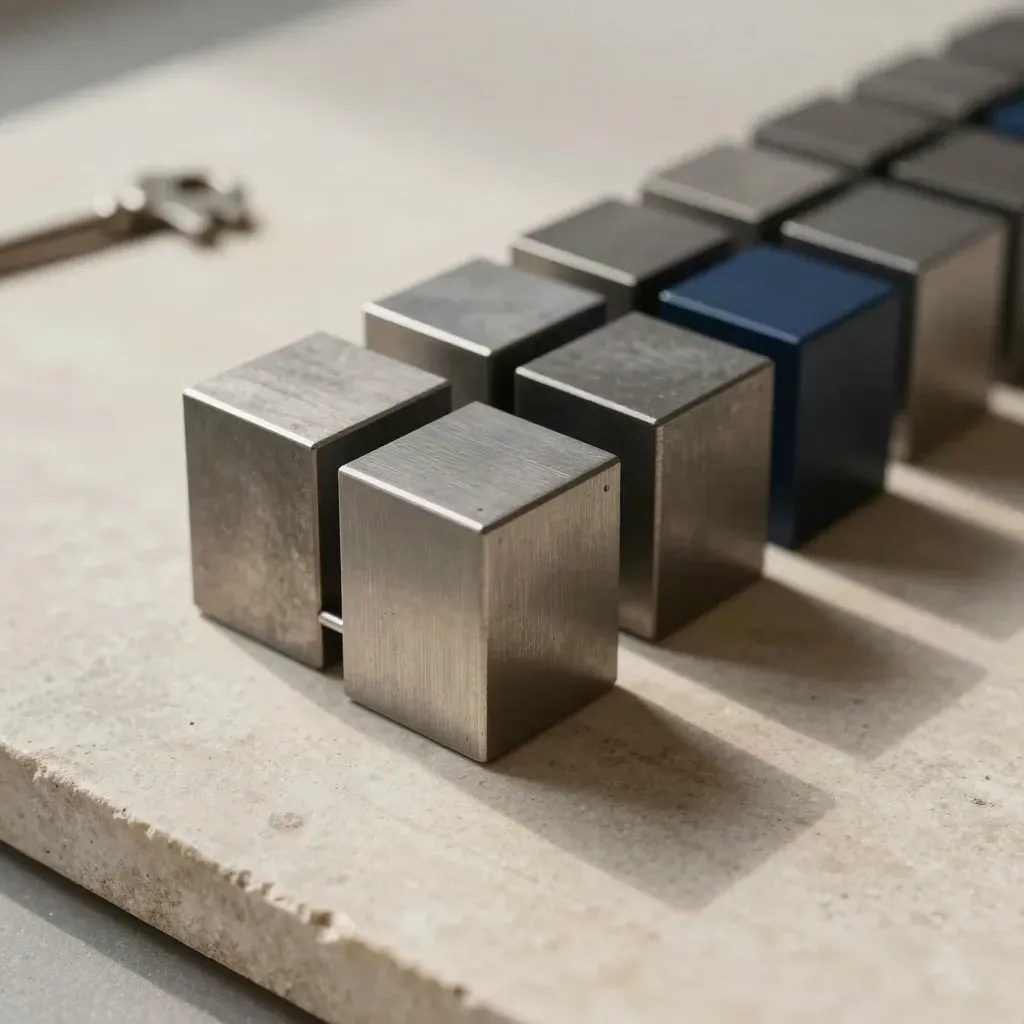 Top-down macro of modular blocks and rails on pale stone with a navy accent.