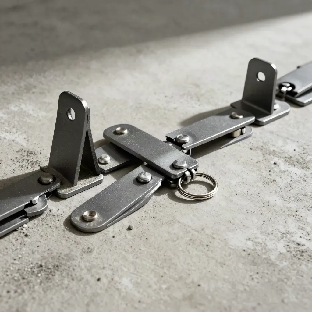 Matte-metal brackets and ring linked on warm concrete with dust and soft daylight