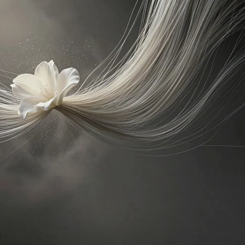 Silver filaments bloom in dark graphite haze with drifting motes and empty copy space.
